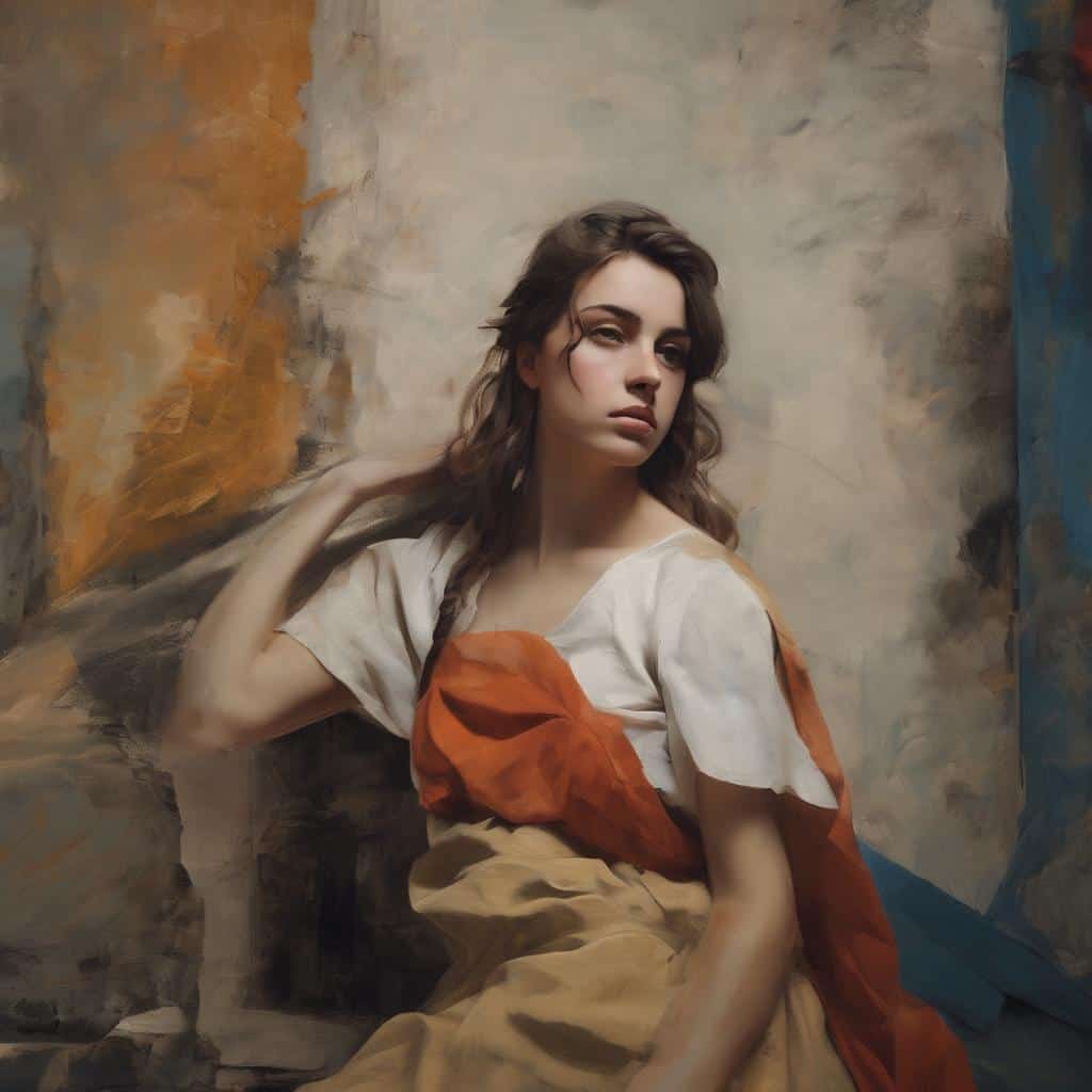 μοναδική ζωγραφική τέχνη, δημιουργικότητα και καινοτομία σε πορτρέτο νεαρής γυναίκας, ψηφιακή τέχνη και σύγχρονη καλλιτεχνική έκφραση.