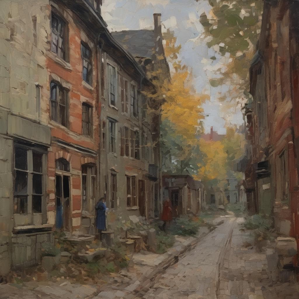 Παραδοσιακή οδός με παλιά κτίρια, autumn leaves και πέτρινο δρόμο, δημιουργικότητα στην τέχνη, καινοτομία στον καμβά, αστικά τοπία.