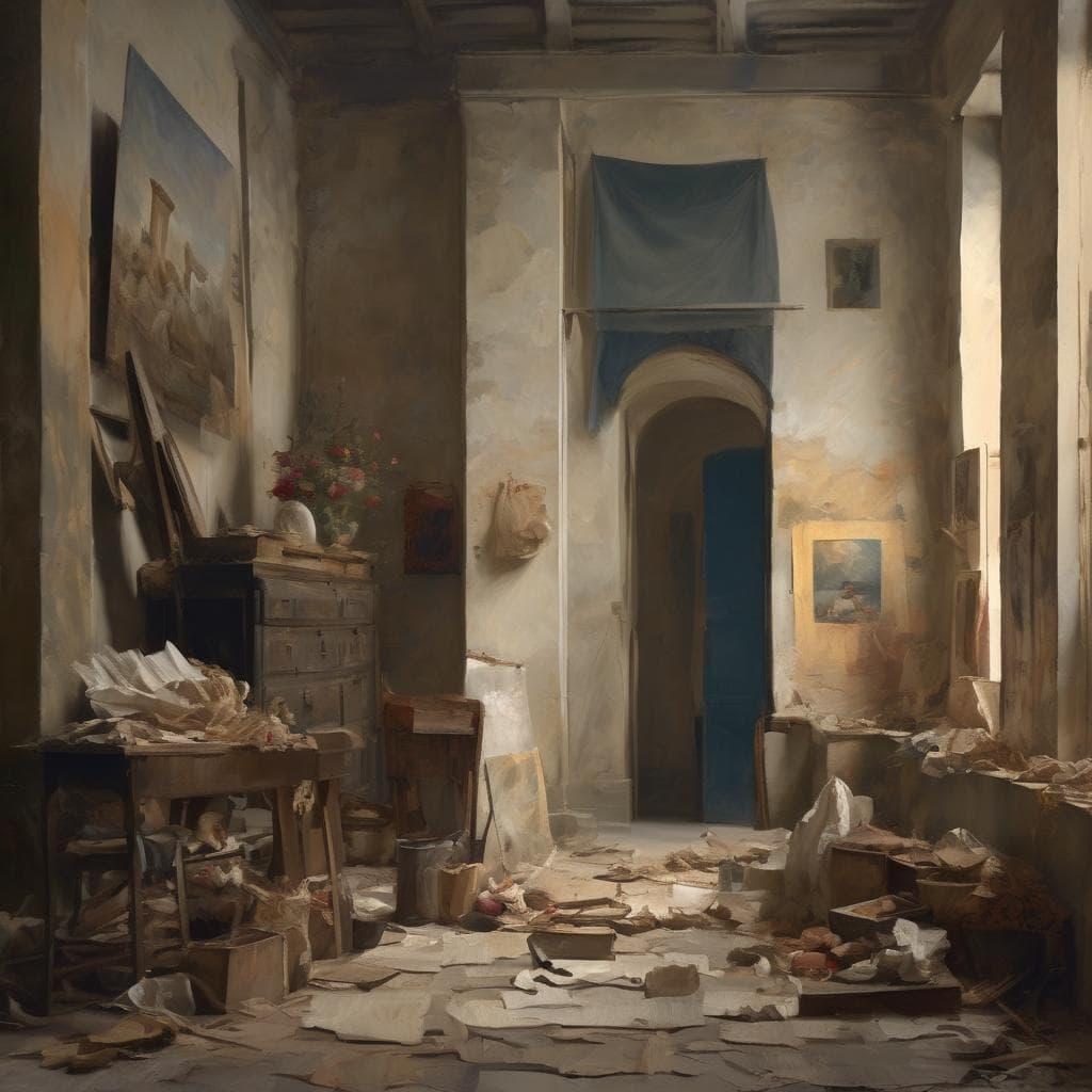 Στις τέχνες, δημιουργικότητα και καινοτομία σε ρουστίκ εσωτερικό χώρο με έργα τέχνης και ανακαλύψεις.