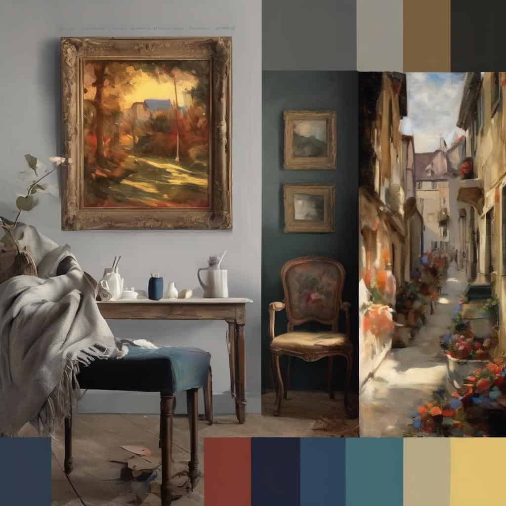 Παράθυρο σε δημιουργική τέχνη και καινοτομία, με πίνακες ζωγραφικής σε vintage και σύγχρονο στιλ.