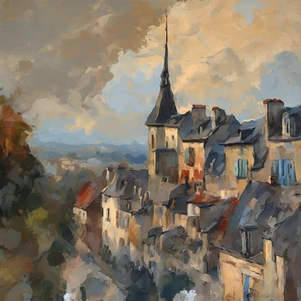 Παραδοσιακή Κατοικία σε Ομιχλώδες Τοπίο με Εκκλησία στην Πόλη, Έντονη Δημιουργικότητα και Καινοτομία στην Τέχνη.